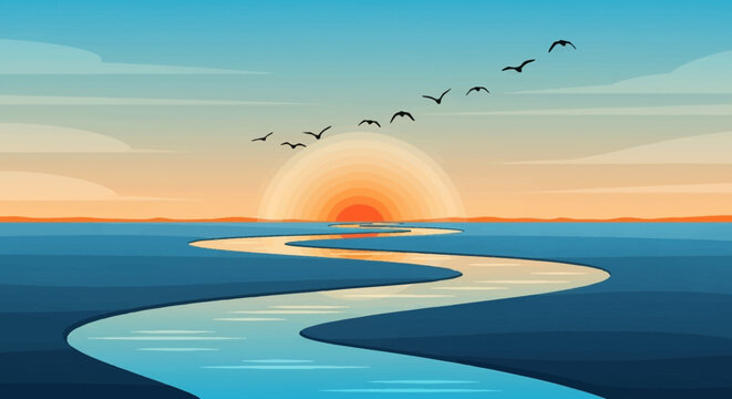 Winding path of light on water leading towards the horizon.