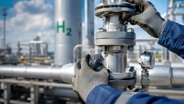 Workers handle equipment at a hydrogen production facility during the day while observing safety procedures and protocols