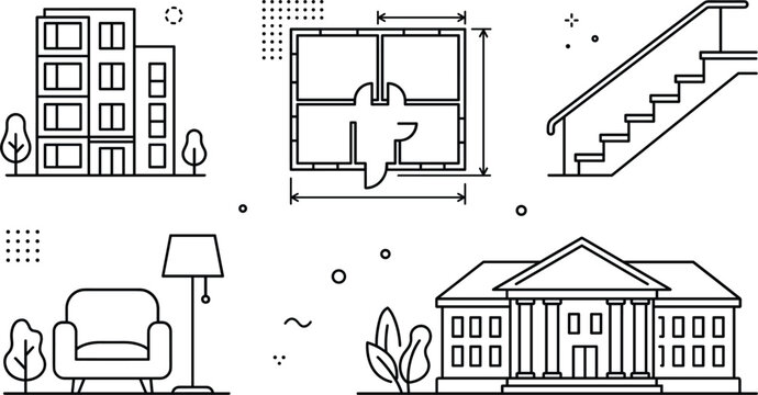 Architecture and real estate line icon set with residential building house floor plan stairs armchair lamp blueprint vector