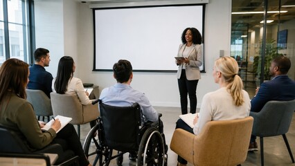 Fototapeta premium Group of people in a meeting room listening to a speaker in front of a large screen during a training session at a workplace