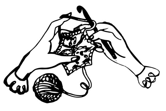 Knitted handicraft concept with crochet hook and ball of wool. Black and white hand drawn sketch of hands crocheting.
