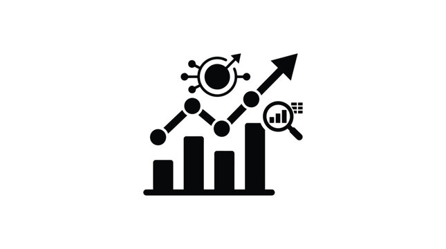 data visualization chart with arrows and magnifying glass silhouette statistics analysis growth