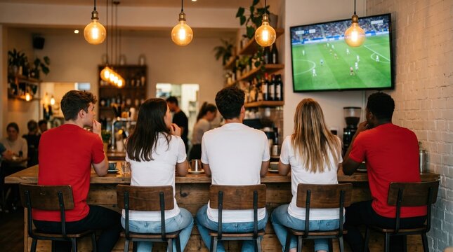 Friends Sitting at Bar Counter Watching Live Football Match Word Cup 2026 on TV Screen