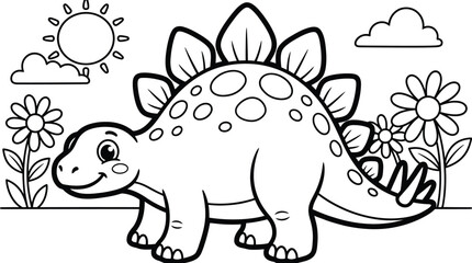 Stegosaurus dinosaur in a sunny garden with flowers © Shakera
