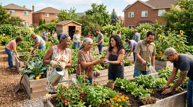 Community members gather to plant and tend to garden beds in a neighborhood garden during the summer afternoon