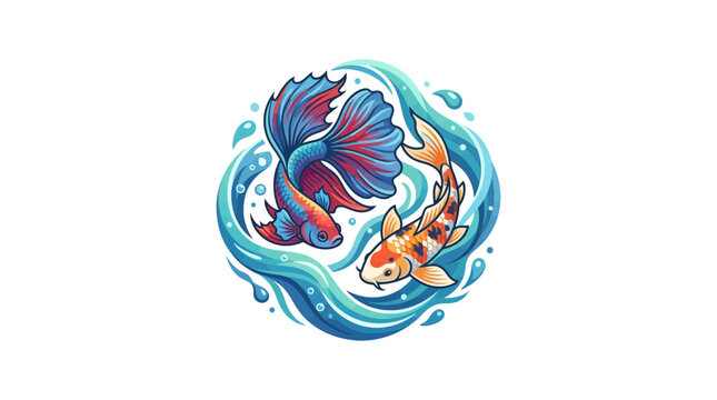 Betta Fish and Koi Fish Swimming in Circular Water Waves