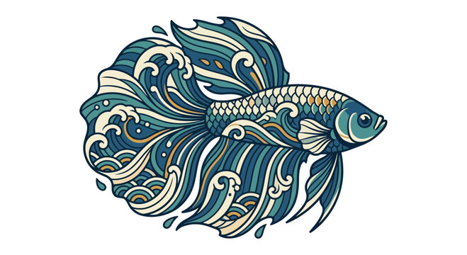 Betta Fish Illustration with Wavy Tail and Oceanic Design