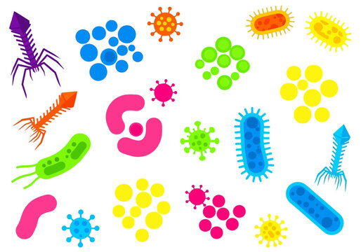 Colorful collection of various microscopic bacteria viruses and pathogens on white background.