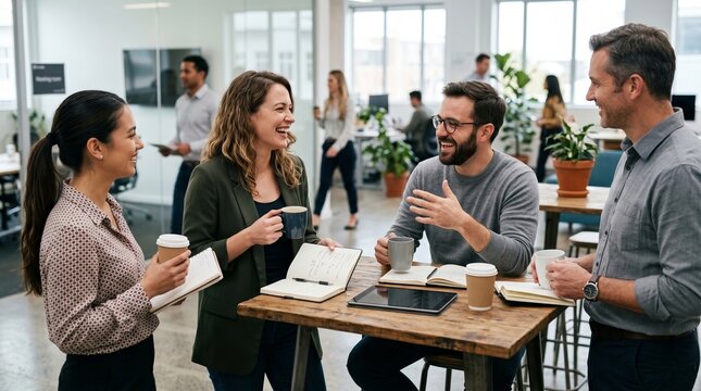 Team members share ideas and drinks while meeting in a modern office space during the workday on a weekday