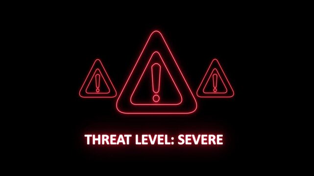 threat level: severe warning alert. Cyber security defense and secure digital systems protection against cyberattacks. glowing red hazard icon.4k animation video on black background