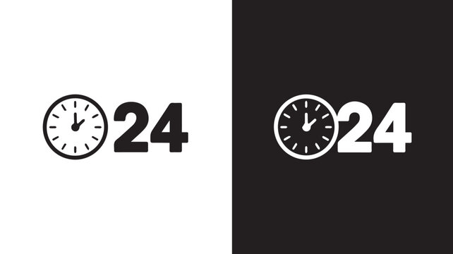 Minimalist 24-hour clock logo design on white and black backgrounds