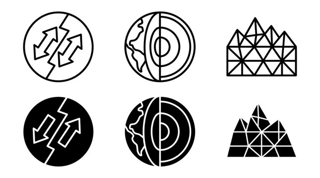 Geology and nature icon set featuring earth structure and mountain topography structure mountains topography