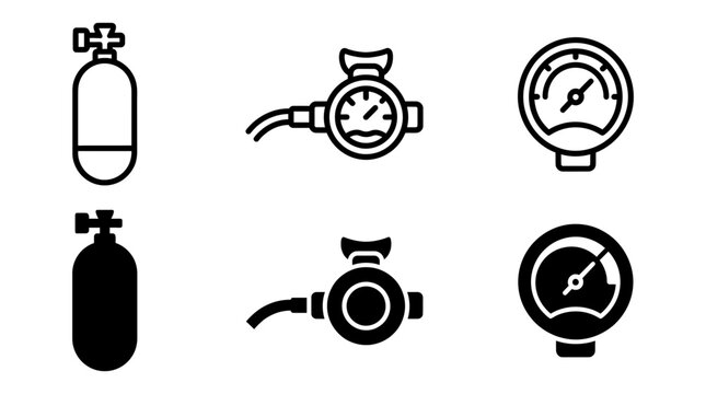 Scuba diving equipment set including air tank and pressure gauge icons with pressure equipment underwater nautical