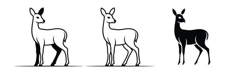 Deer icon set with black and white line art illustrations of gazelle or antelope in different styles for design and branding use © Welcome