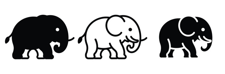 Fototapeta premium Three stylized elephant icons in black and white for design and illustration use