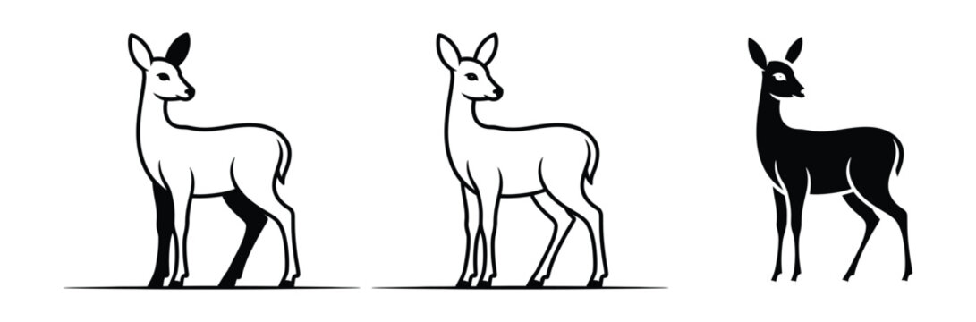 Deer icon set with black and white line art illustrations of gazelle or antelope in different styles for design and branding use