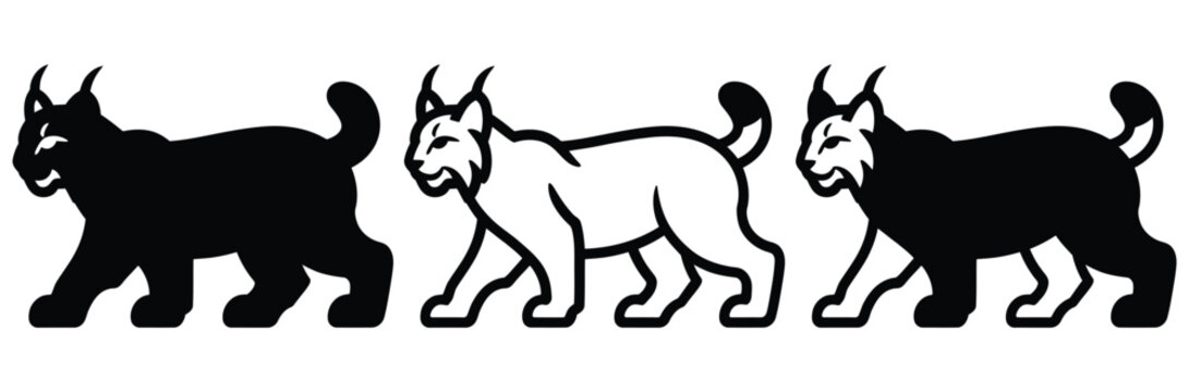 Three walking bobcat silhouettes in black and white isolated on white background for design and editorial use