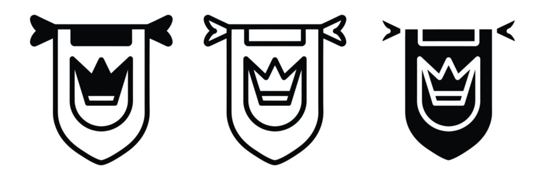 Set of shield icons with crown and ribbon in black and white for royalty or nobility concepts