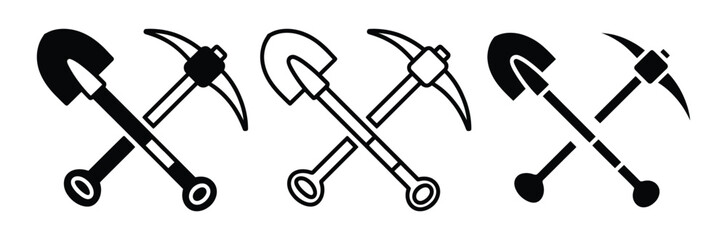 Four black and white icons of pickaxes and shovels in different styles for mining, Excavation, And construction concepts © Welcome