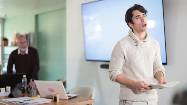 Sad guy subordinate with dismissal statement is criticized by his senior male superiors. Swearing and scolding in team, unrestrained boss raises voice at subordinates