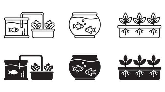 Aquaponics farming cycle icons featuring fish tanks and hydroponic plant containers aquaponics hydroponics aquarium