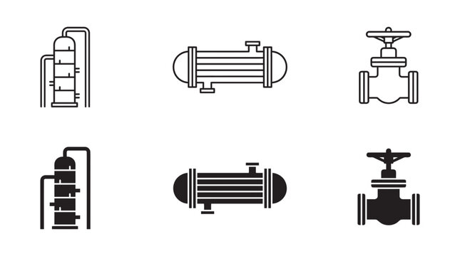 Industrial refinery and pipeline control valve icons with refinery pipeline industrial equipment engineering