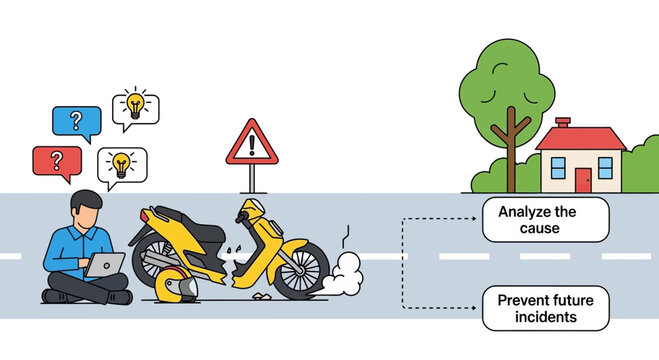 Man analyzing damaged motorcycle accident with ideas and solutions concept