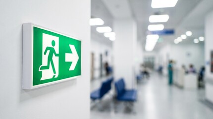 Fototapeta premium Green Emergency Exit Sign in a Hospital or Office Hallway 