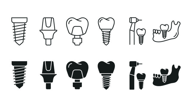 Dental implant components and surgical procedure icons set featuring screws and jaw anatomy surgical dentistry