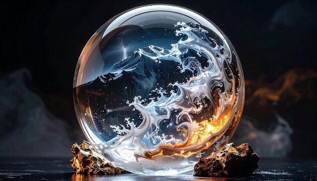 A glowing crystal orb on rocks with swirling smoke