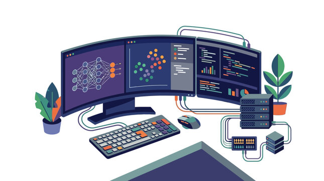 Flat illustration of a high-tech workstation with triple monitors showing neural networks, data analysis charts, and programming code, connected to servers and a keyboard.