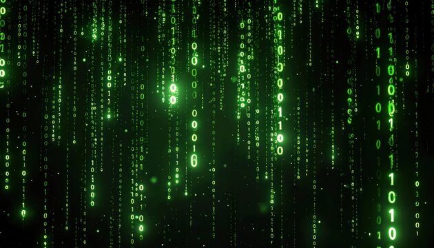 Glowing Green Binary Code Falling on Dark Digital Background