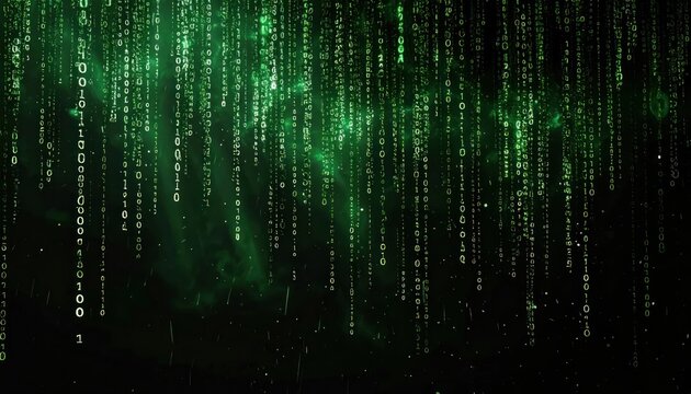 Glowing Green Binary Code Cascading Across Dark Digital Background