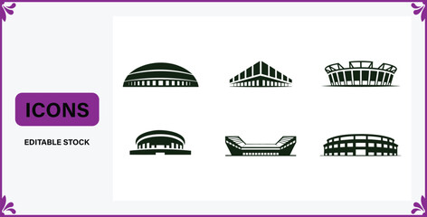 Collection of various sports stadium and arena icons in black on white background © Badsha Mollik