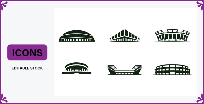 Collection of various sports stadium and arena icons in black on white background