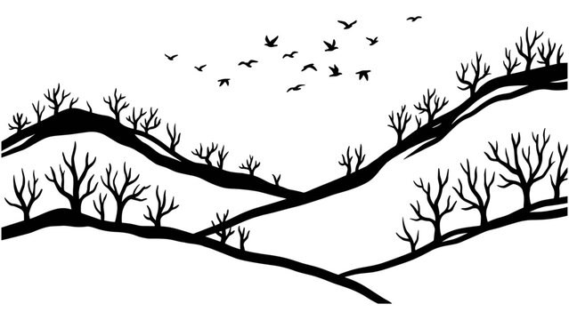Minimalist black and white landscape silhouette of rolling hills with bare winter trees and flying birds in the sky