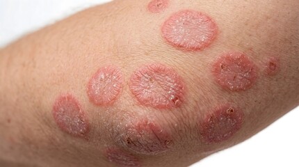 Fototapeta premium Closeup view of skin showing round patches with red raised borders and scaly centers possibly indicating a dermatological condition affecting the elbow