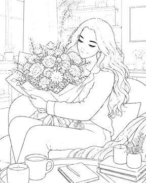 Cozy Girl with Flower Bouquet Coloring Page, Beautiful Woman Holding Floral Arrangement, Relaxing Home Scene Line Art