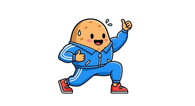 Cartoon boy wearing blue jacket and red shoes.