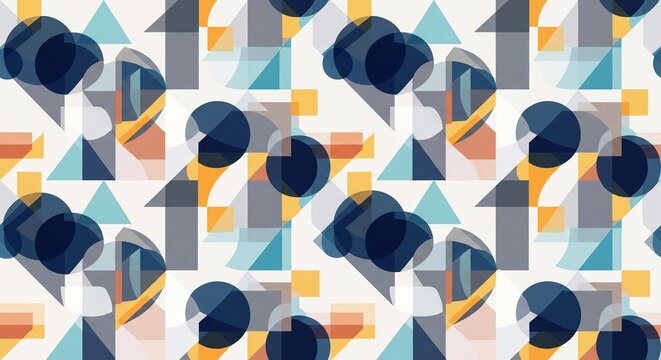 Abstract geometric seamless pattern with overlapping circles triangles and rectangles on light background