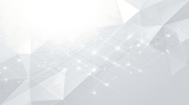Abstract white tech background with low poly geometric design. Glowing network communication lines, digital technology grid and data nodes