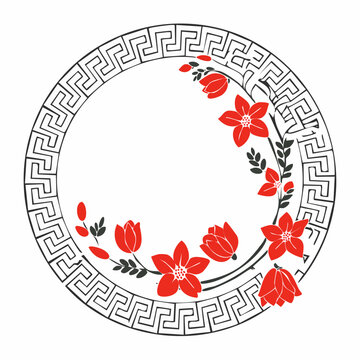 Circular floral frame with Greek key border and red flowers