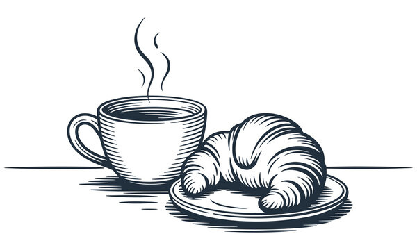 Delicious fresh croissant served with a steaming hot cup of dark coffee in a classic black and white illustration style