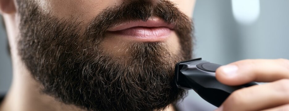 Man trimming his beard with a trimmer in modern bathroom, close-up photo  