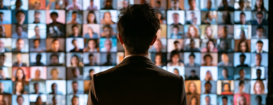 Businessman presenting to large screen displaying multiple video calls  