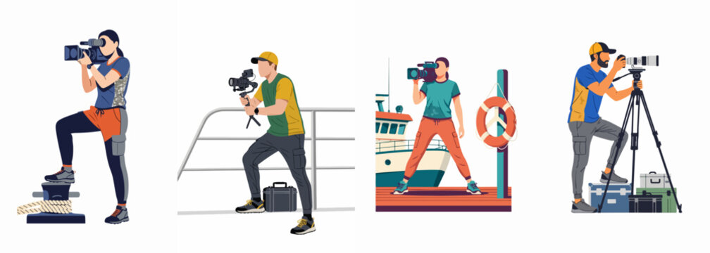 Professional Videographers and Photographers Capturing Video Content in Nautical and Maritime Environments, Flat Vector Illustrations Set