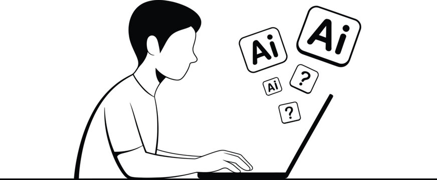 Illustration of man confused by AI, question marks, and Adobe AI icons