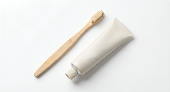 Natural bamboo toothbrush and blank toothpaste tube mockup isolated on a white background