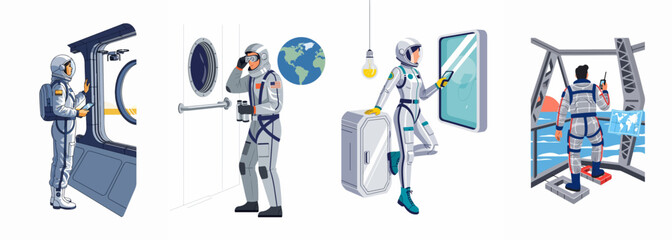 Set of flat vector illustrations depicting astronauts engaged in diverse space mission tasks including planetary observation and research in futuristic environments. © Sipul