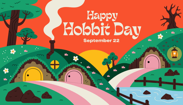 Whimsical hobbit village landscape, colorful illustration, fantasy homes, Happy Hobbit Day celebration
